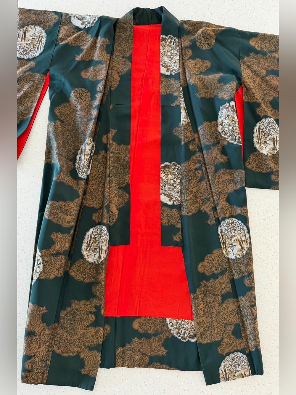 Vintage Silk Kimono Robe Handmade Green & Gold